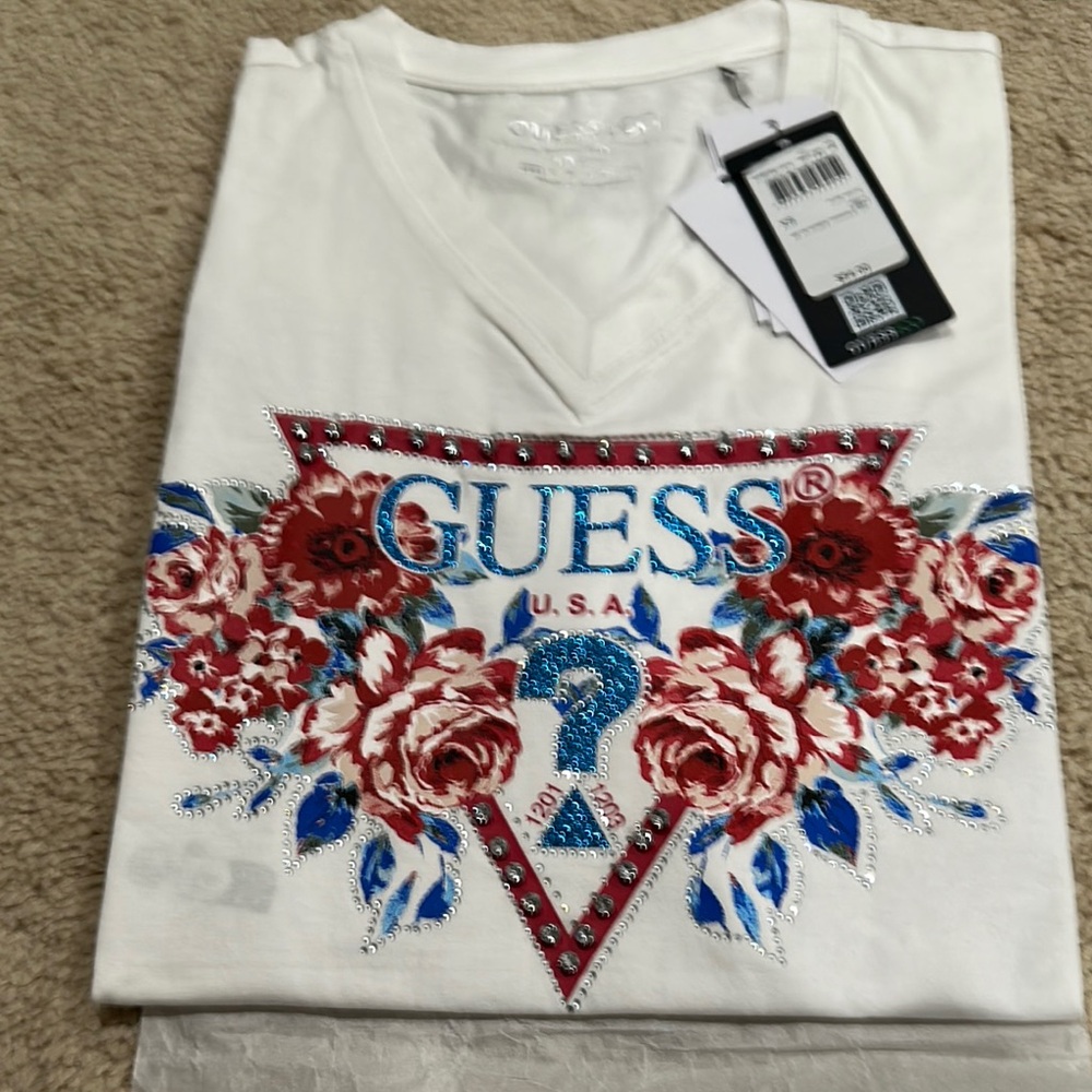 Guess White Tee with Red and Blue Floral Design